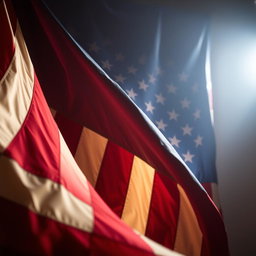 A cinematic scene featuring the American flag draped dramatically in the background