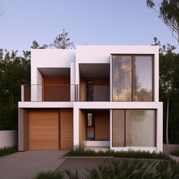 A double-story house with a penthouse. The front view shows a staircase on the right side while the penthouse appears on the right side from the front perspective