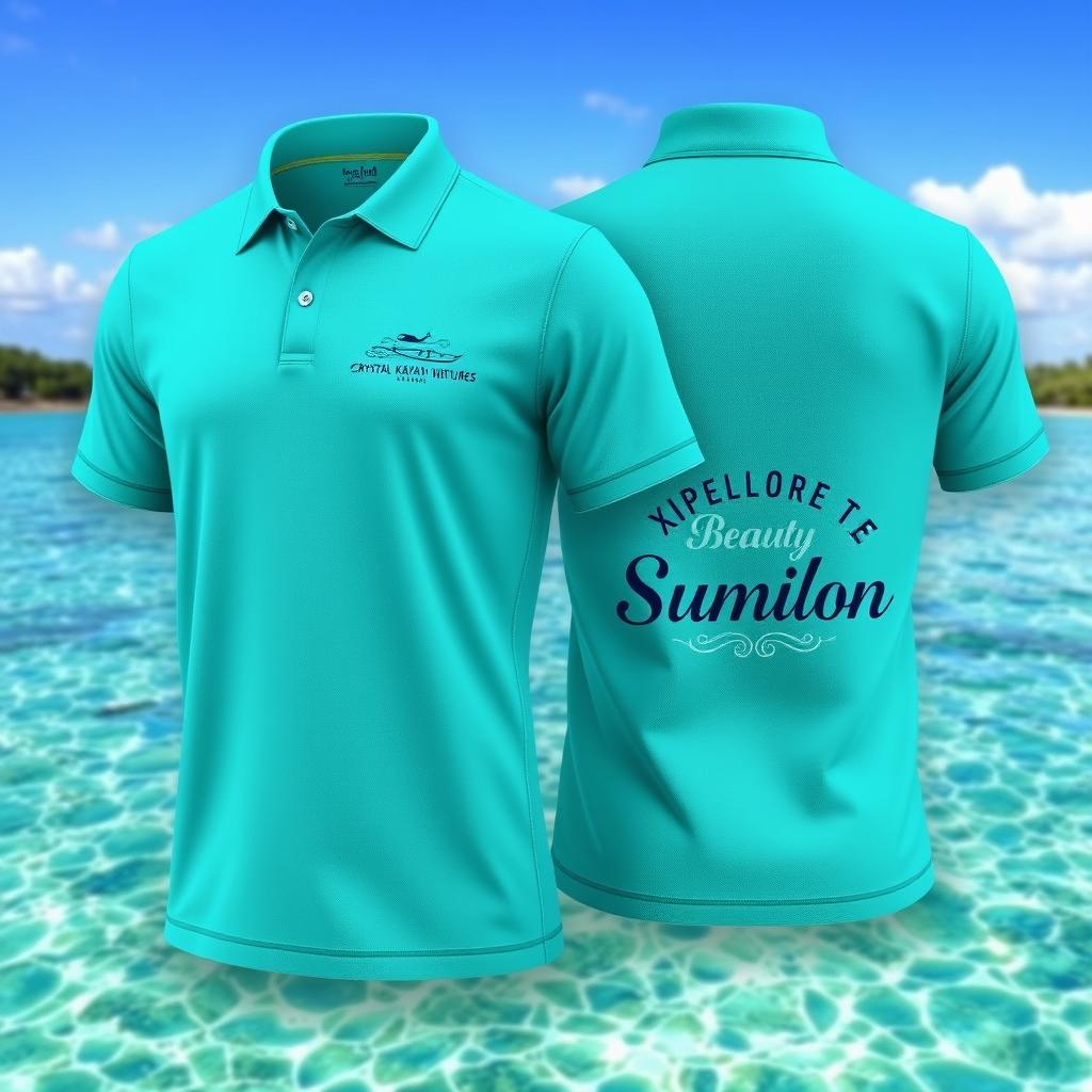 A realistic and detailed design of a polo shirt for 'Sumilon Crystal Kayak Ventures'