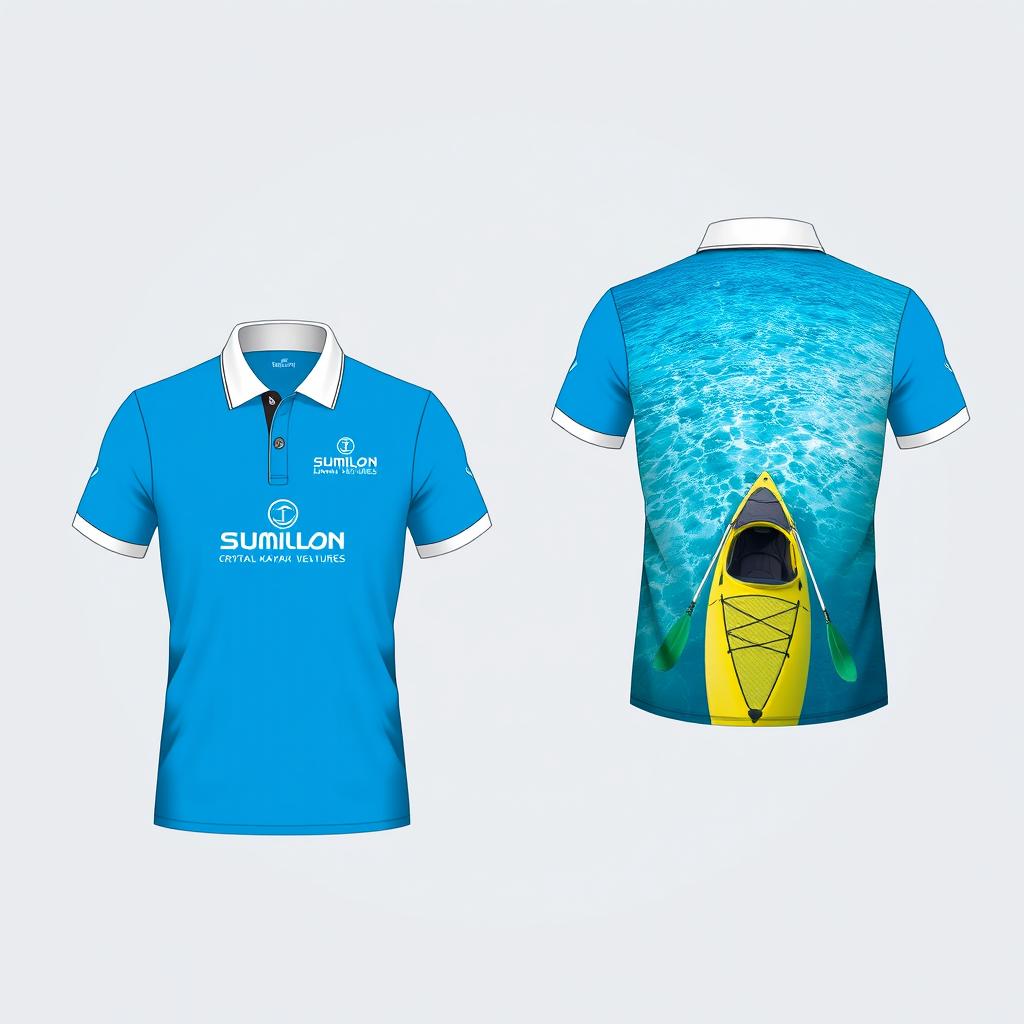 A design of a polo shirt featuring the logo and branding for 'Sumilon Crystal Kayak Ventures'