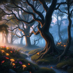 A mystic forest at twilight, with ethereal light filtering through the trees illuminating vibrant flowers, glowing mushrooms scattered across the forest floor, and soft mist swirling around the trunks