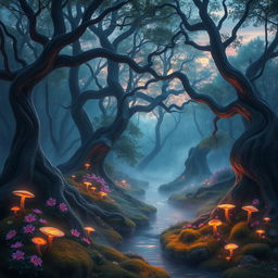 A mystic forest at twilight, with ethereal light filtering through the trees illuminating vibrant flowers, glowing mushrooms scattered across the forest floor, and soft mist swirling around the trunks