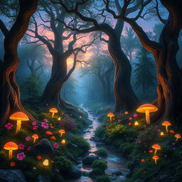 A mystic forest at twilight, with ethereal light filtering through the trees illuminating vibrant flowers, glowing mushrooms scattered across the forest floor, and soft mist swirling around the trunks
