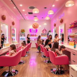 A charming and stylish girls' hair salon named Mone Salon, featuring a bright and inviting interior