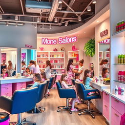 A charming and stylish girls' hair salon named Mone Salon, featuring a bright and inviting interior