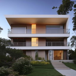 A double-story house with a penthouse. The front view shows a staircase on the right side while the penthouse appears on the right side from the front perspective