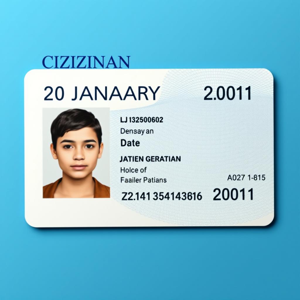 A highly detailed and realistic mock-up of a citizenship ID card featuring the date of birth as 20 January 2001