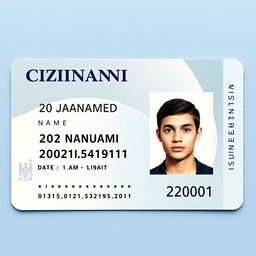 A highly detailed and realistic mock-up of a citizenship ID card featuring the date of birth as 20 January 2001