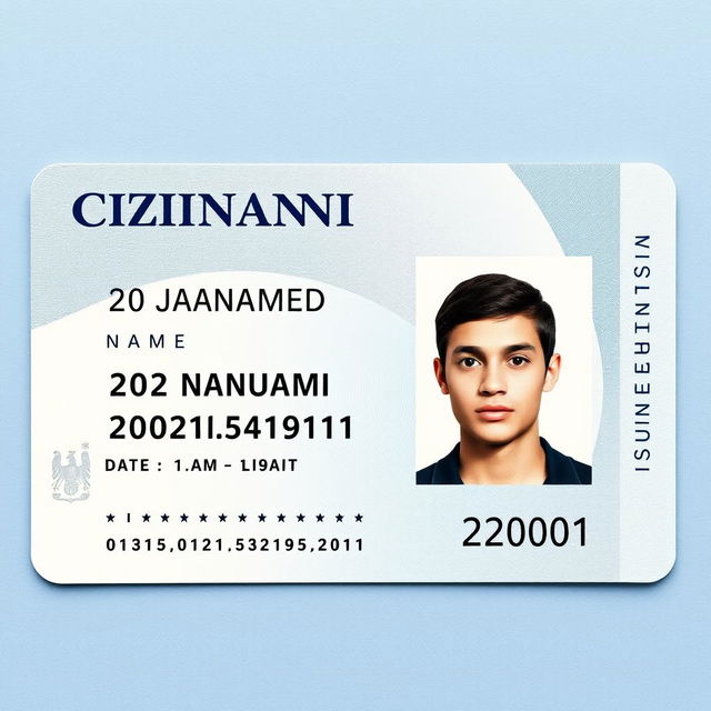 A highly detailed and realistic mock-up of a citizenship ID card featuring the date of birth as 20 January 2001