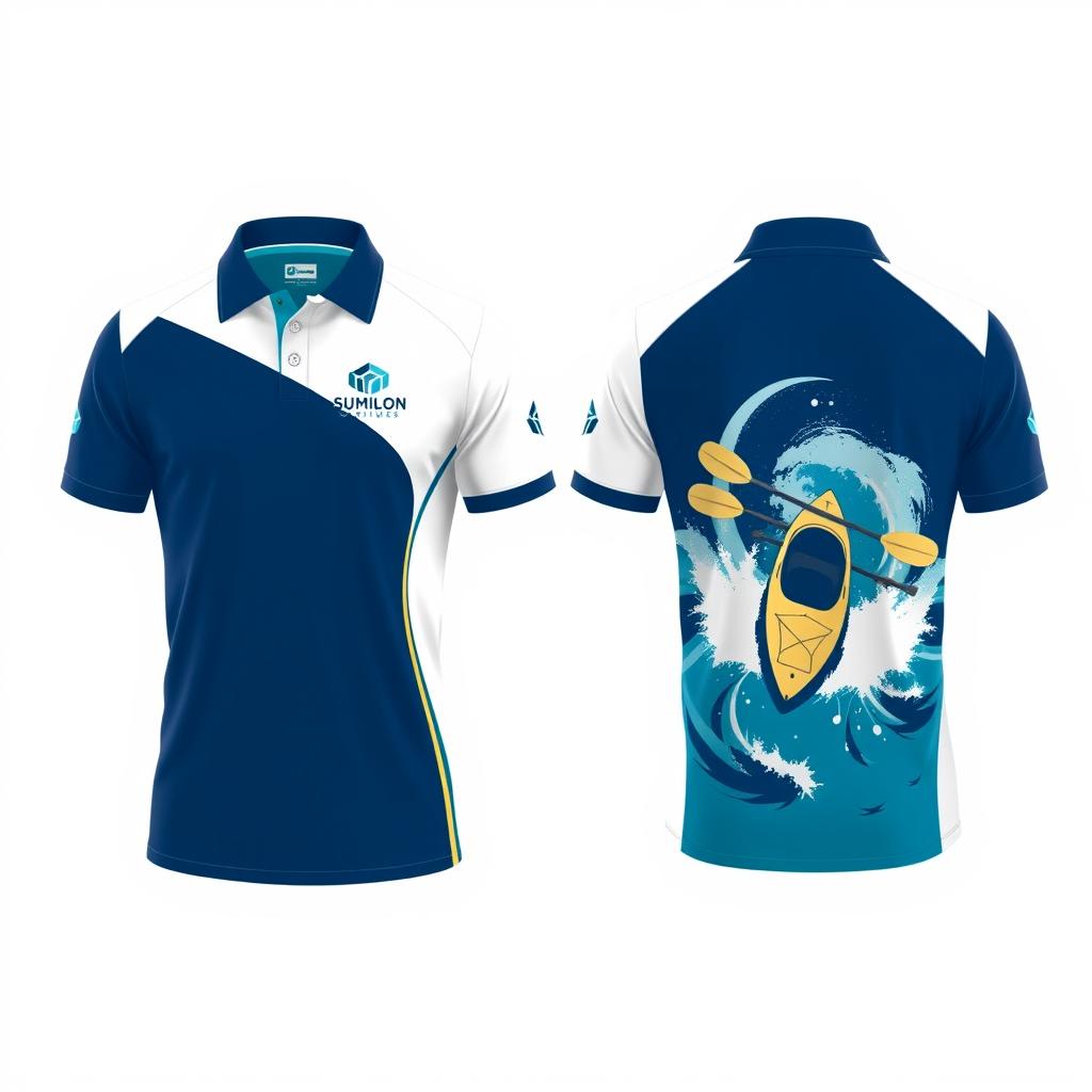 A stylish polo shirt design specifically for Sumilon Crystal Kayak Ventures, showcasing an elegant front and back view