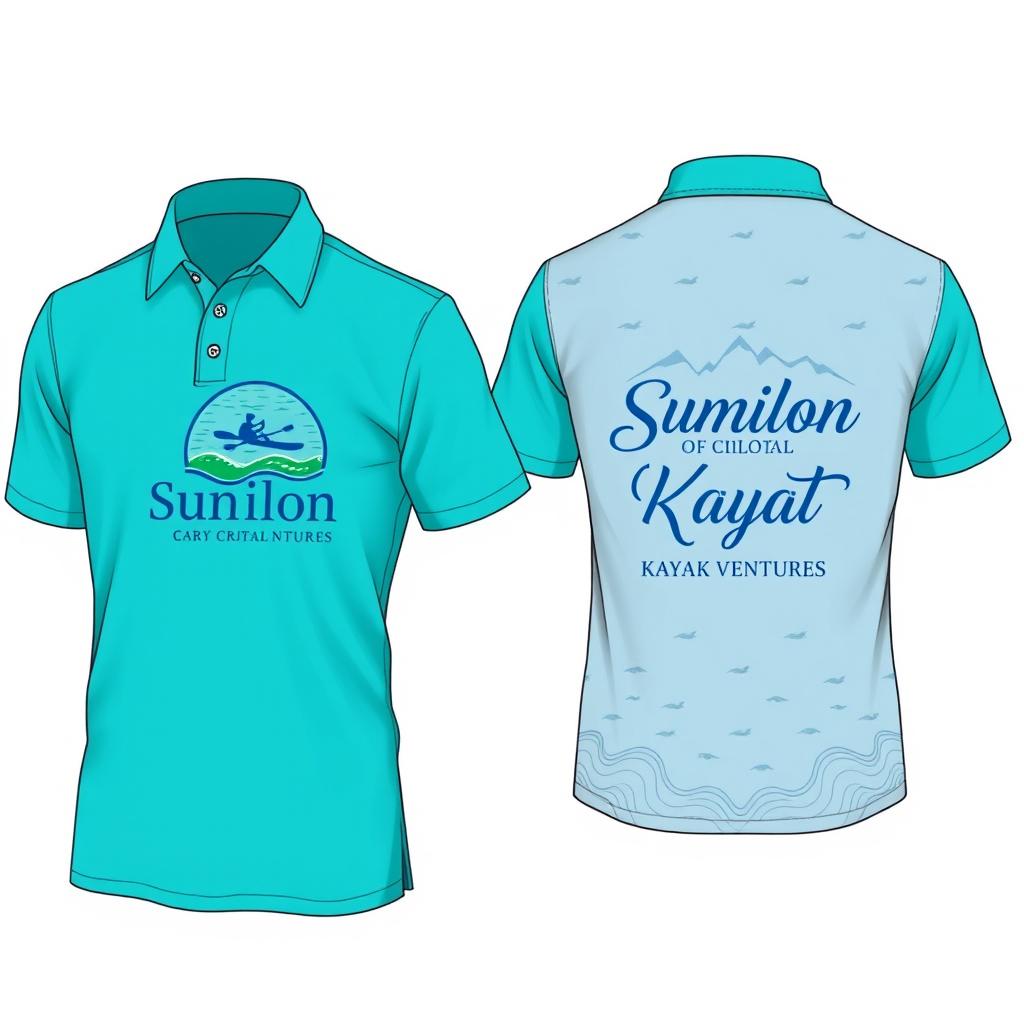A detailed design of a polo shirt featuring 'Sumilon Crystal Kayak Ventures' branding