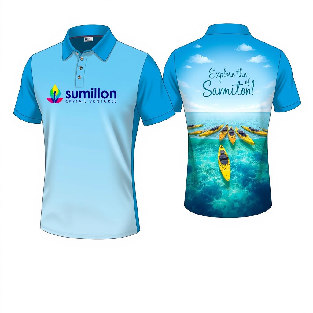 A detailed design of a polo shirt for 'Sumilon Crystal Kayak Ventures'