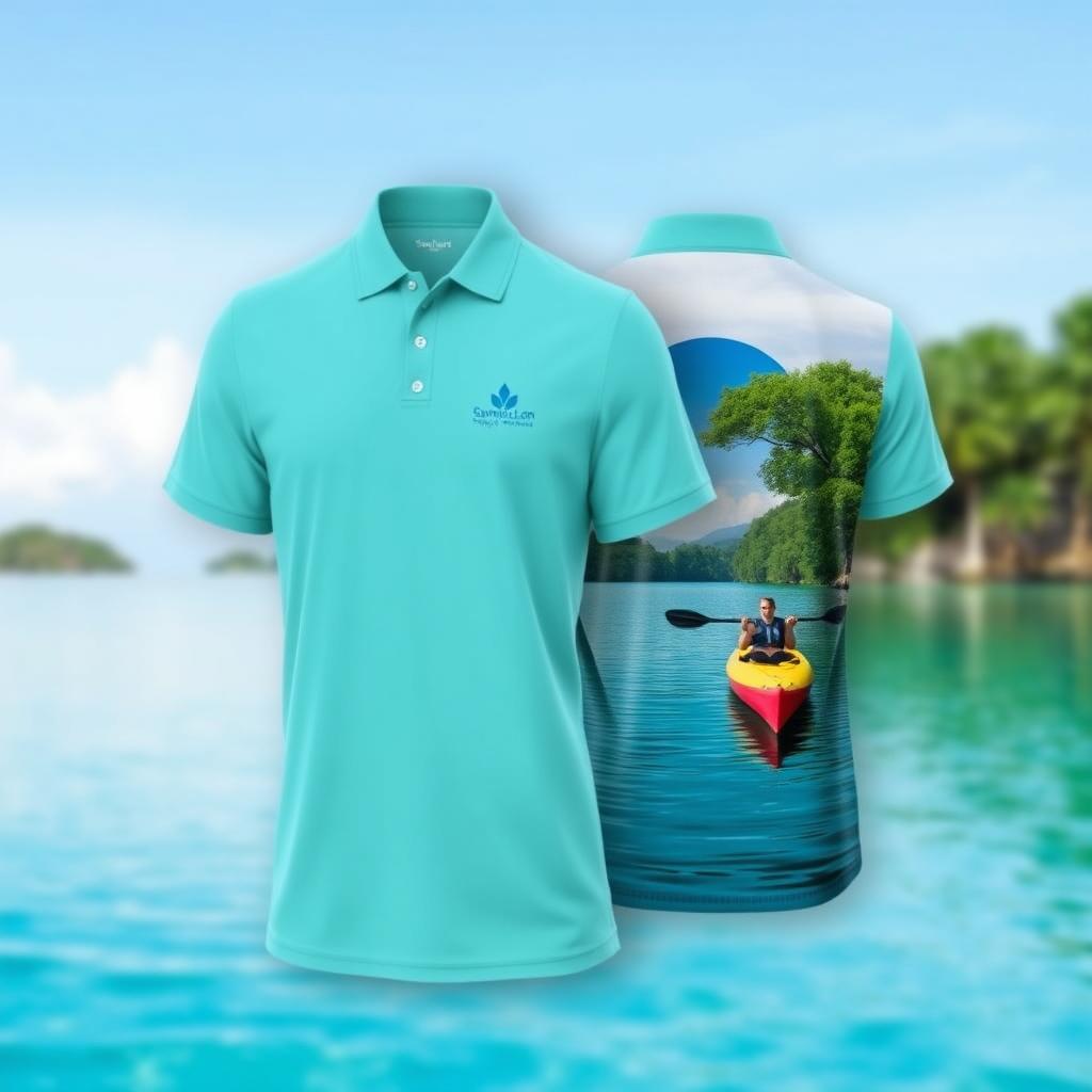 A stylish and modern polo shirt designed specifically for Sumilon Crystal Kayak Ventures