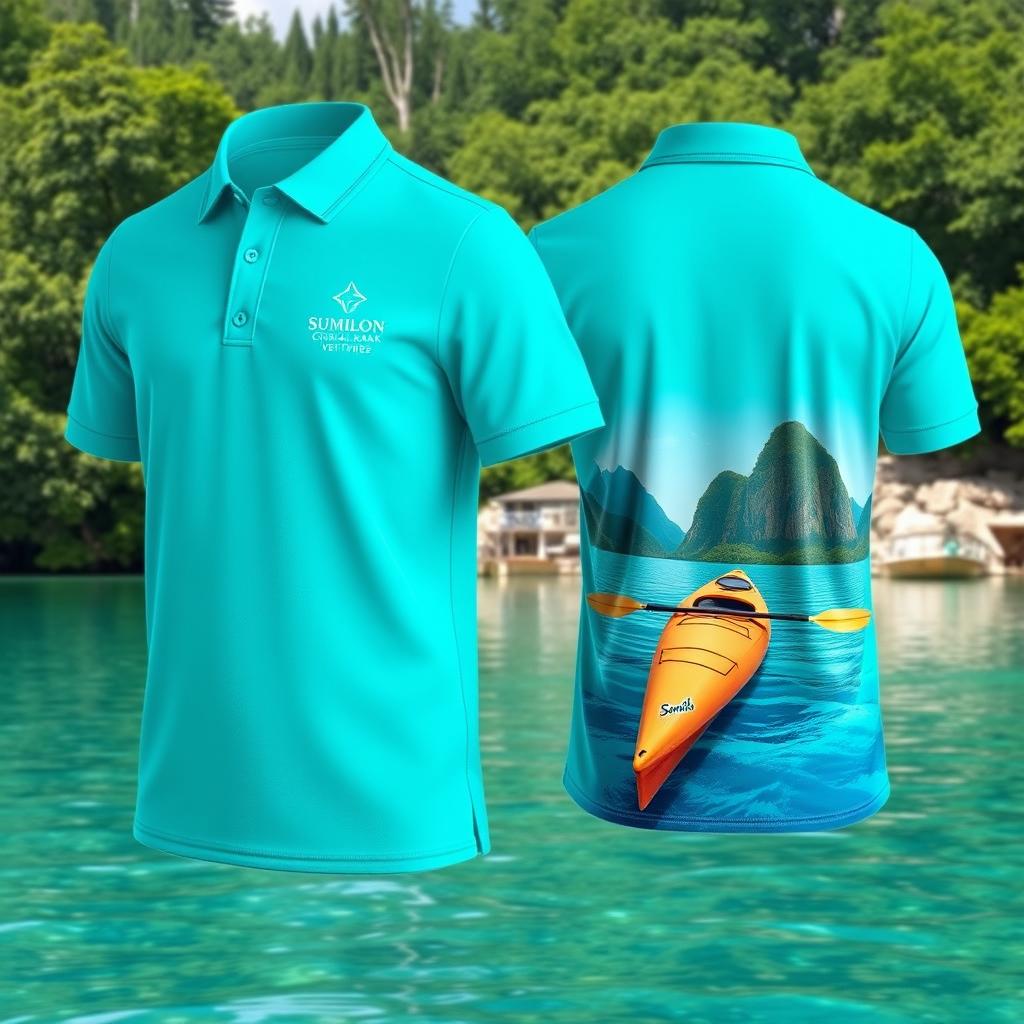 A high-quality polo shirt design for 'Sumilon Crystal Kayak Ventures', featuring the company logo prominently on the left chest area