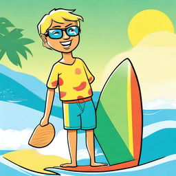 A high-quality digital art image of a dorky surfer boy