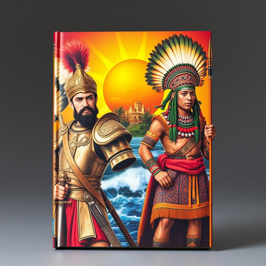 A stunning book cover featuring a dual portrait that captures the essence of a Spanish conquistador and an Inca warrior, symbolizing their cultural contrast and historical clash