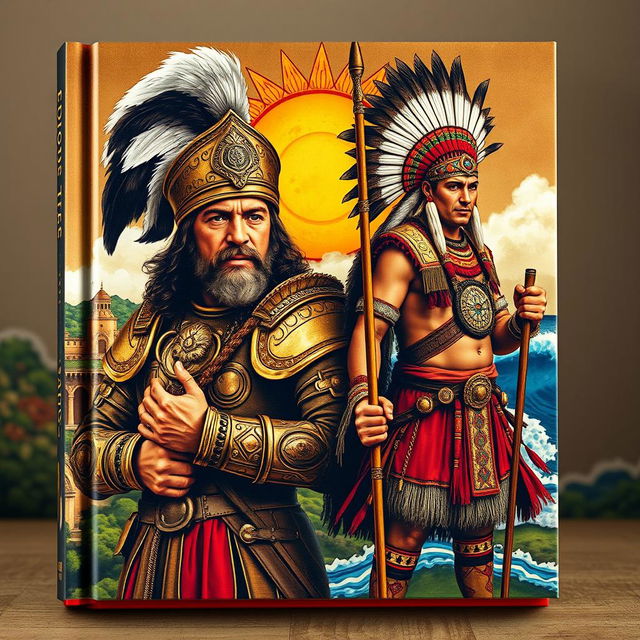 A stunning book cover featuring a dual portrait that captures the essence of a Spanish conquistador and an Inca warrior, symbolizing their cultural contrast and historical clash