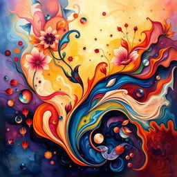 A visually stunning abstract artwork filled with vibrant colors, flowing shapes, and intricate patterns