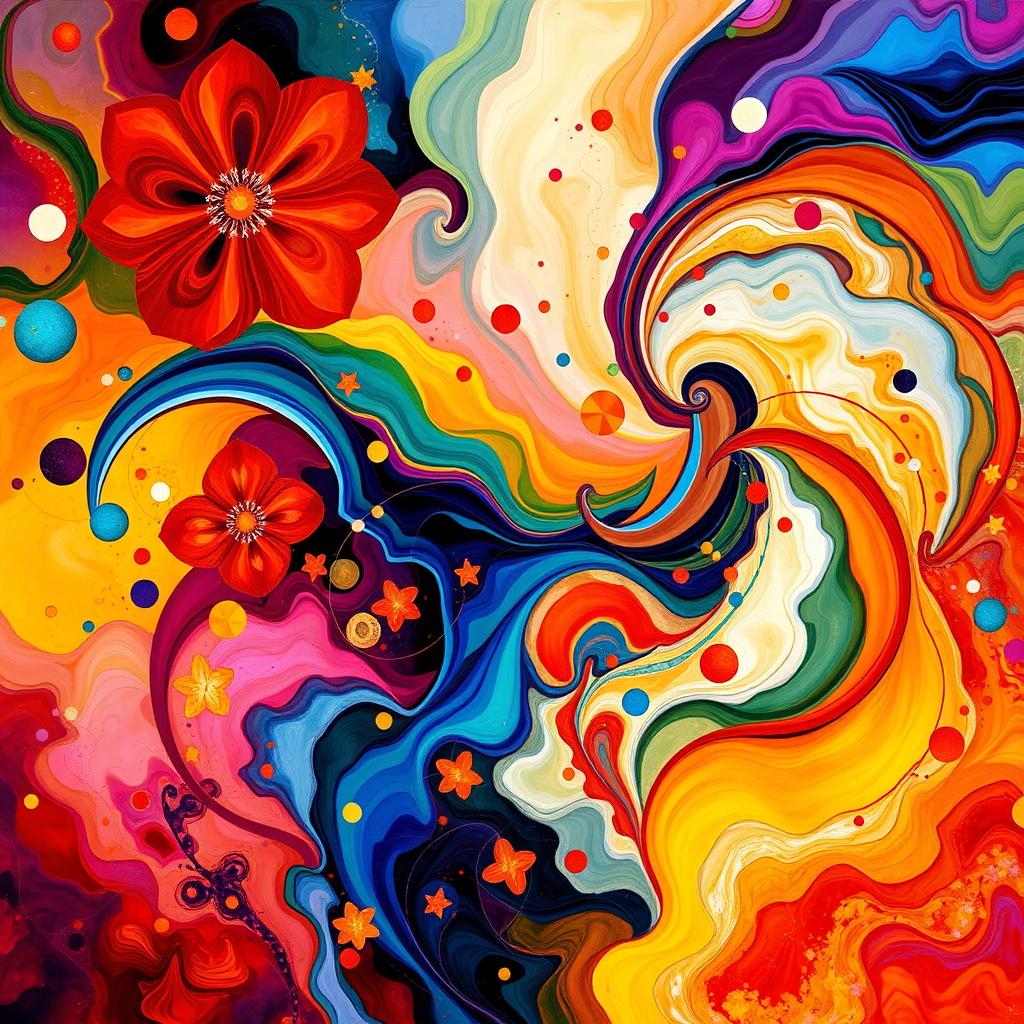 A visually stunning abstract artwork filled with vibrant colors, flowing shapes, and intricate patterns