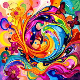A visually stunning abstract artwork filled with vibrant colors, flowing shapes, and intricate patterns