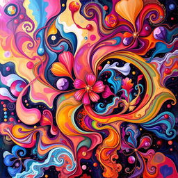 A visually stunning abstract artwork filled with vibrant colors, flowing shapes, and intricate patterns
