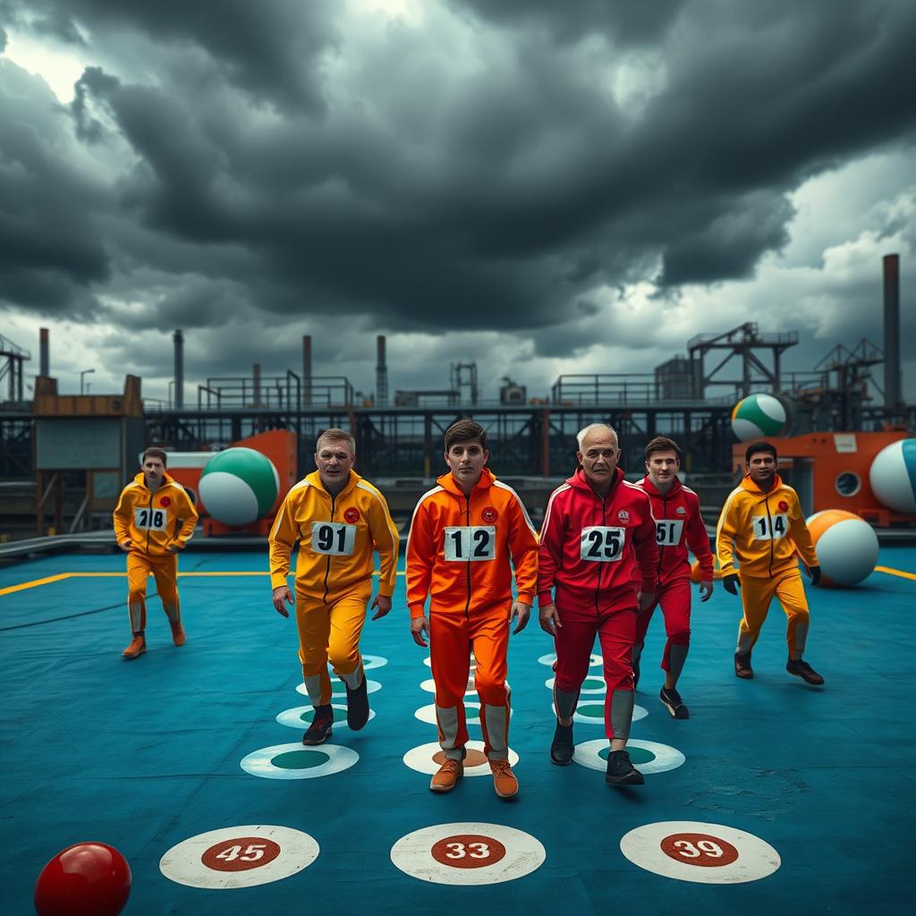 A dramatic scene inspired by 'Squid Game,' featuring adult contestants in vivid, colorful, oversized game environments