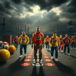 A dramatic scene inspired by 'Squid Game,' featuring adult contestants in vivid, colorful, oversized game environments