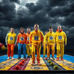 A dramatic scene inspired by 'Squid Game,' featuring adult contestants in vivid, colorful, oversized game environments