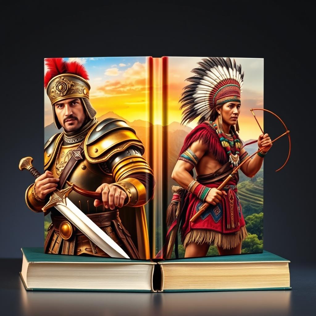A captivating book cover that beautifully illustrates the duality between a Spanish conquistador and an Incan warrior