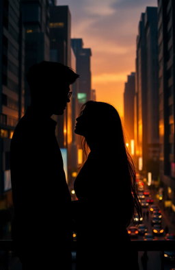 A captivating urban scene inspired by the mysterious writing of 'Duri dalam Rindu', featuring the silhouette of a man and a woman standing face to face but at a distance, symbolizing longing and connection amidst separation