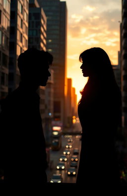 A captivating urban scene inspired by the mysterious writing of 'Duri dalam Rindu', featuring the silhouette of a man and a woman standing face to face but at a distance, symbolizing longing and connection amidst separation