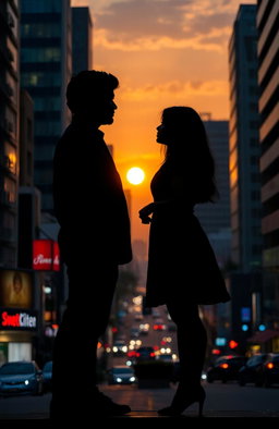 A captivating urban scene inspired by the mysterious writing of 'Duri dalam Rindu', featuring the silhouette of a man and a woman standing face to face but at a distance, symbolizing longing and connection amidst separation
