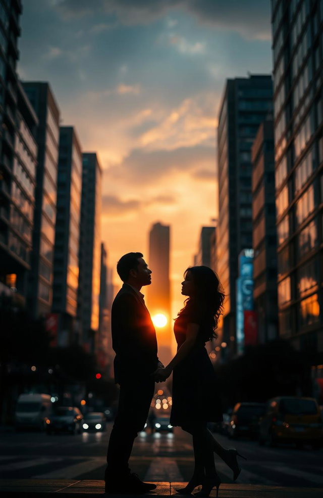 A captivating urban scene inspired by the mysterious writing of 'Duri dalam Rindu', featuring the silhouette of a man and a woman standing face to face but at a distance, symbolizing longing and connection amidst separation