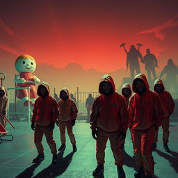 A dramatic scene inspired by the aesthetic of a survival game reminiscent of 'Squid Game'