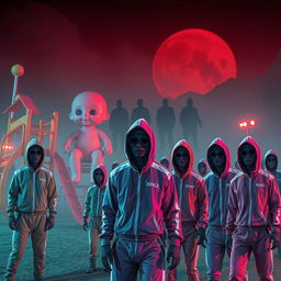 A dramatic scene inspired by the aesthetic of a survival game reminiscent of 'Squid Game'