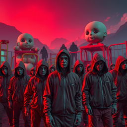 A dramatic scene inspired by the aesthetic of a survival game reminiscent of 'Squid Game'