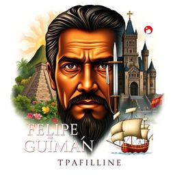 A captivating book cover design featuring the face of Felipe Guamán Poma, a mestizo representing the dualities of Spanish conquistadors and Inca civilization