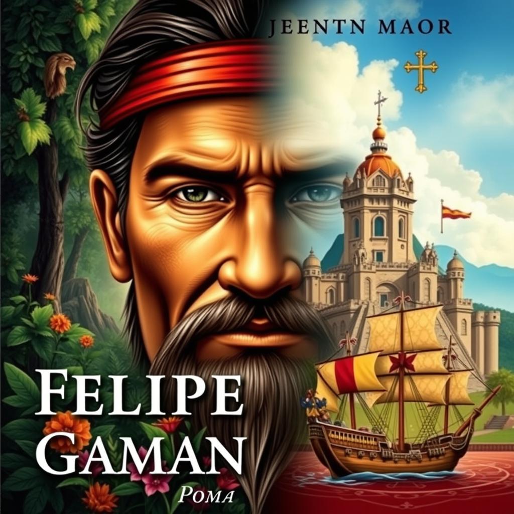 A captivating book cover design featuring the face of Felipe Guamán Poma, a mestizo representing the dualities of Spanish conquistadors and Inca civilization