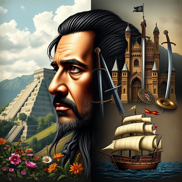 A captivating book cover design featuring the face of Felipe Guamán Poma, a mestizo representing the dualities of Spanish conquistadors and Inca civilization