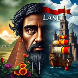 A captivating book cover design featuring the face of Felipe Guamán Poma, a mestizo representing the dualities of Spanish conquistadors and Inca civilization