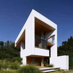 A double-story house with a penthouse. The front view shows a staircase on the right side while the penthouse appears on the right side from the front perspective