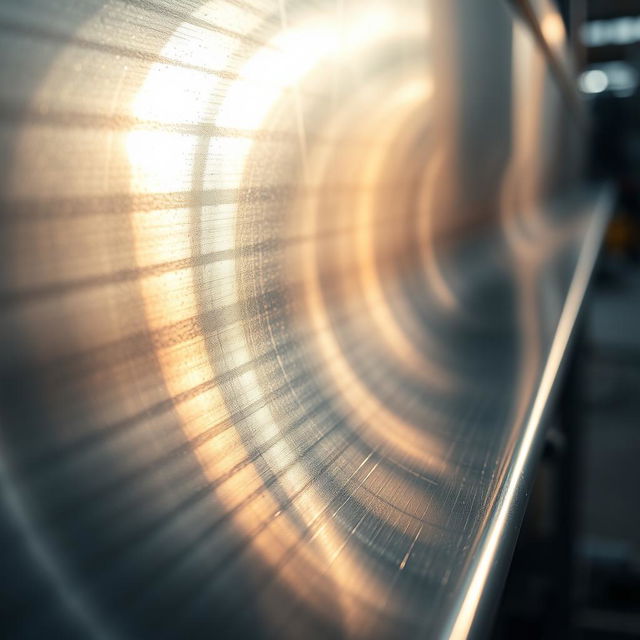 A detailed close-up of a shiny metallic surface, showcasing reflections and intricate textures