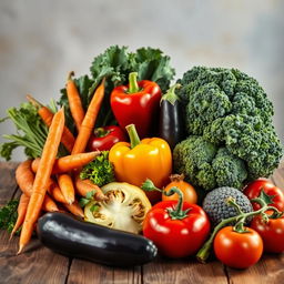 An artistic still-life arrangement showcasing various nutritious vegetables on a rustic wooden table
