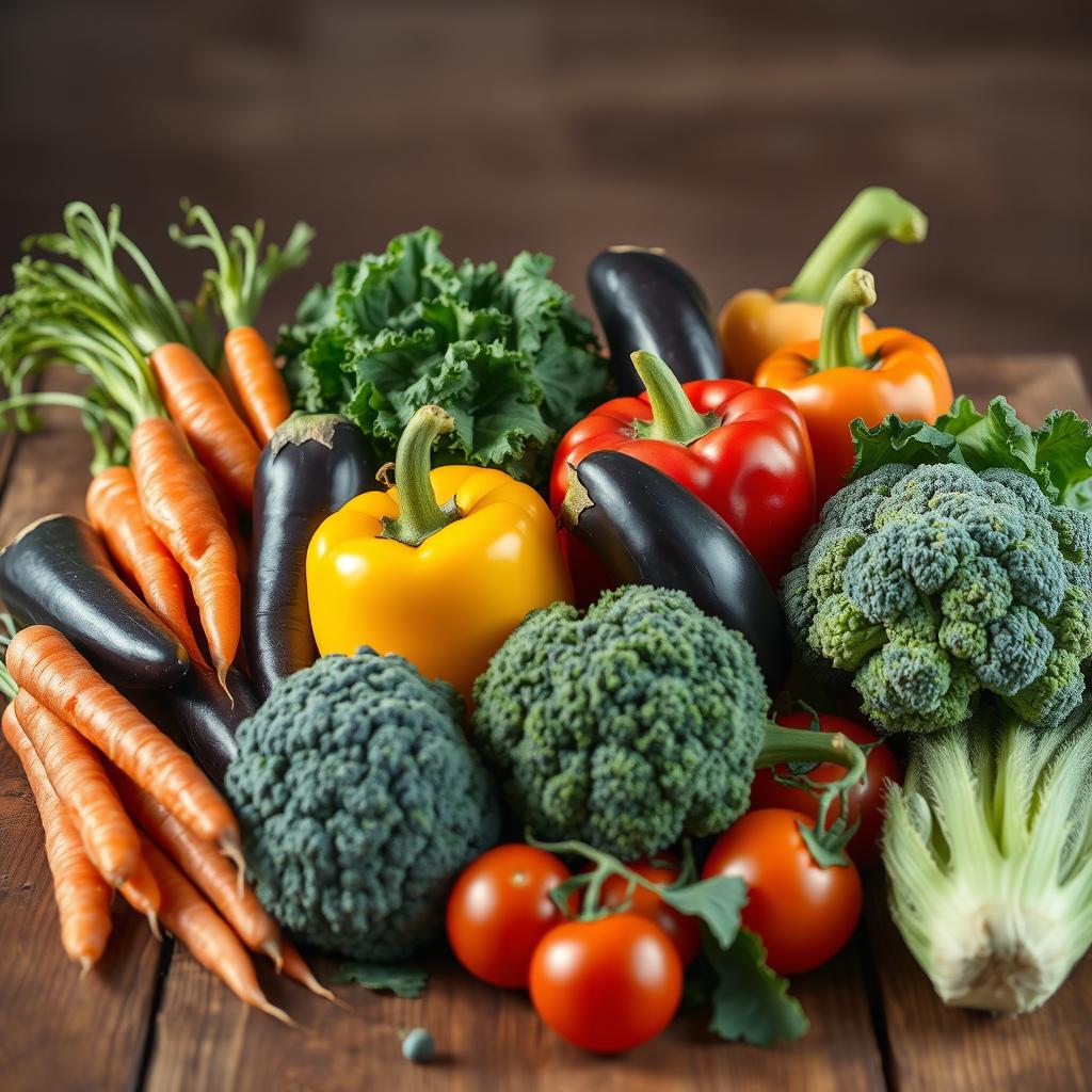 An artistic still-life arrangement showcasing various nutritious vegetables on a rustic wooden table