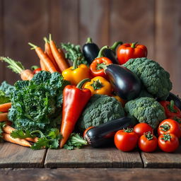 An artistic still-life arrangement showcasing various nutritious vegetables on a rustic wooden table