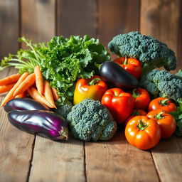 An artistic still-life arrangement showcasing various nutritious vegetables on a rustic wooden table