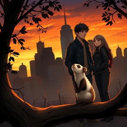 A captivating book cover in a realistic anime style featuring a blend of the New York City skyline silhouette with dark and warm sunset hues, symbolizing Jake's new beginning in the city