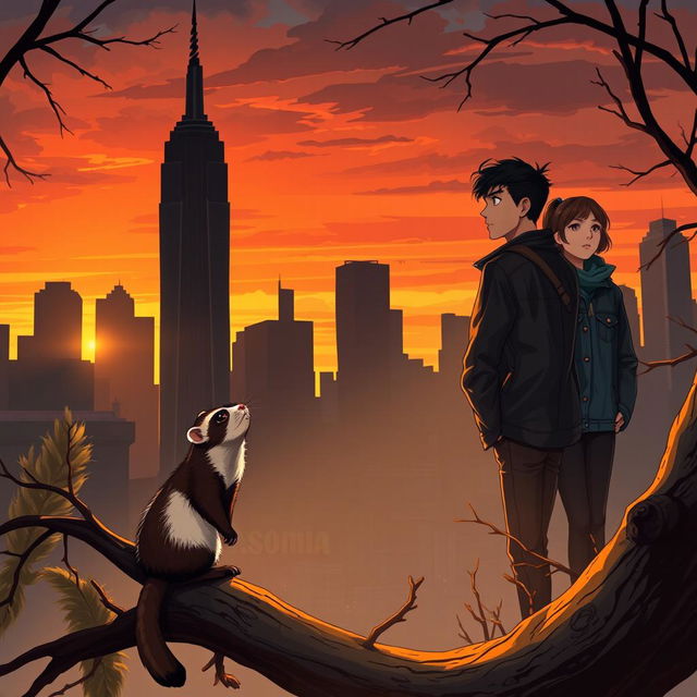 A captivating book cover in a realistic anime style featuring a blend of the New York City skyline silhouette with dark and warm sunset hues, symbolizing Jake's new beginning in the city