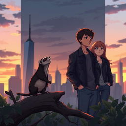 A captivating book cover in a realistic anime style featuring a blend of the New York City skyline silhouette with dark and warm sunset hues, symbolizing Jake's new beginning in the city