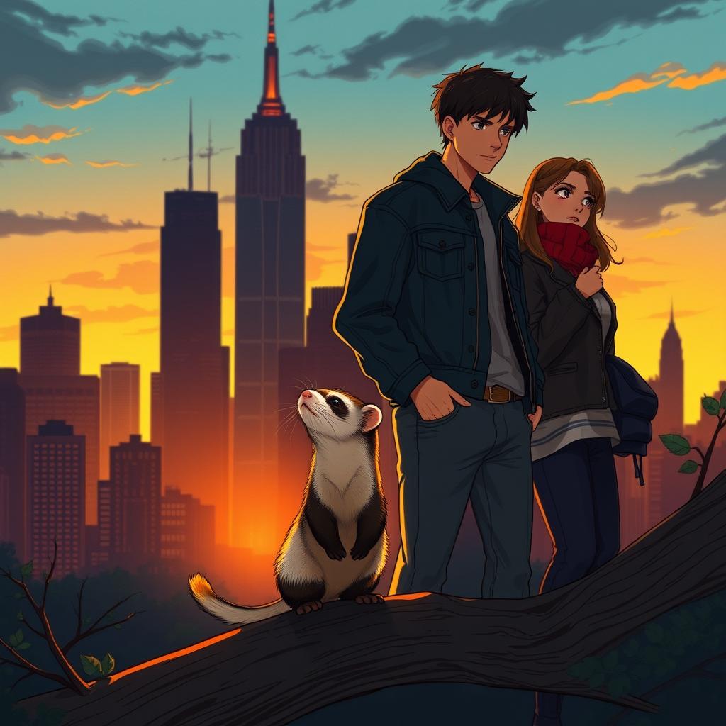 A captivating book cover in a realistic anime style featuring a blend of the New York City skyline silhouette with dark and warm sunset hues, symbolizing Jake's new beginning in the city